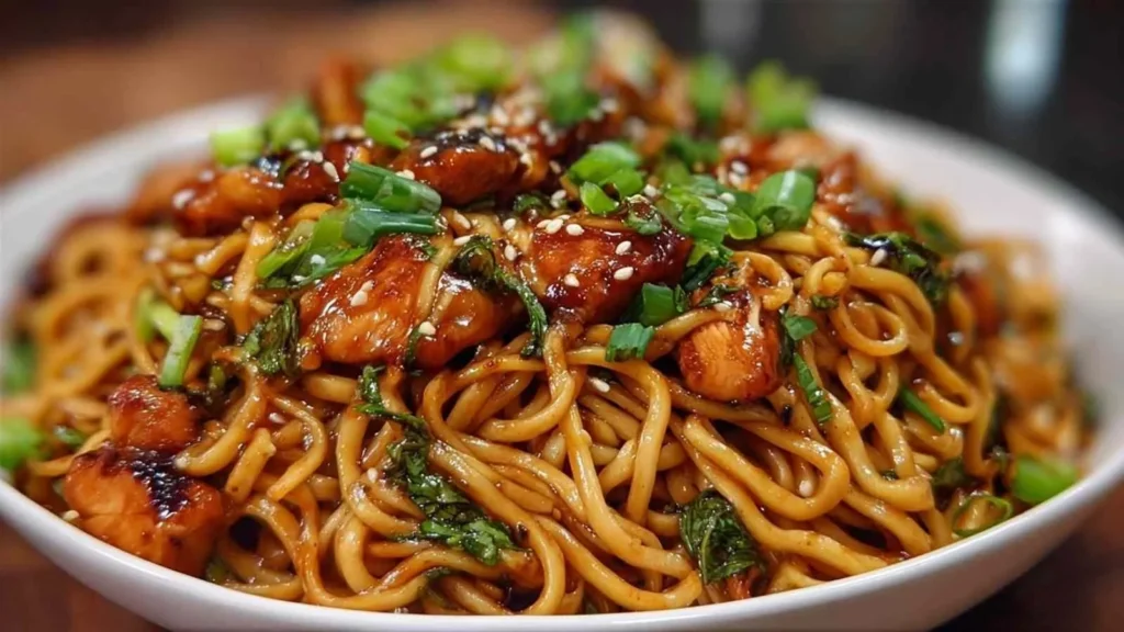 Plate of sticky garlic chicken noodles garnished with parsley