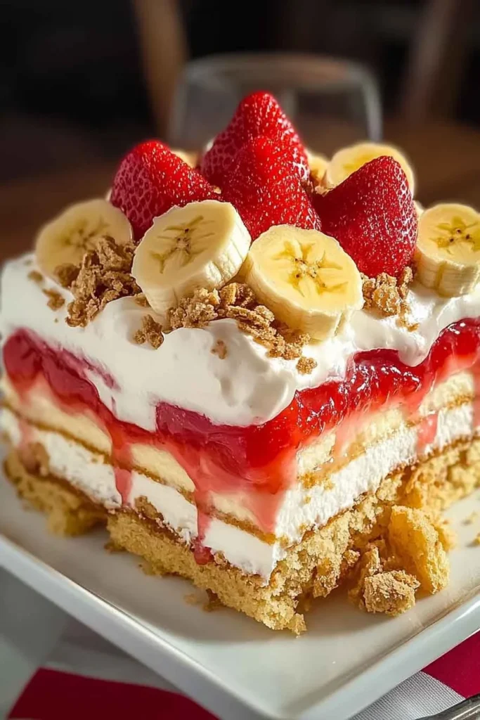 A slice of Strawberry Banana Shortcake topped with fresh strawberries and bananas.