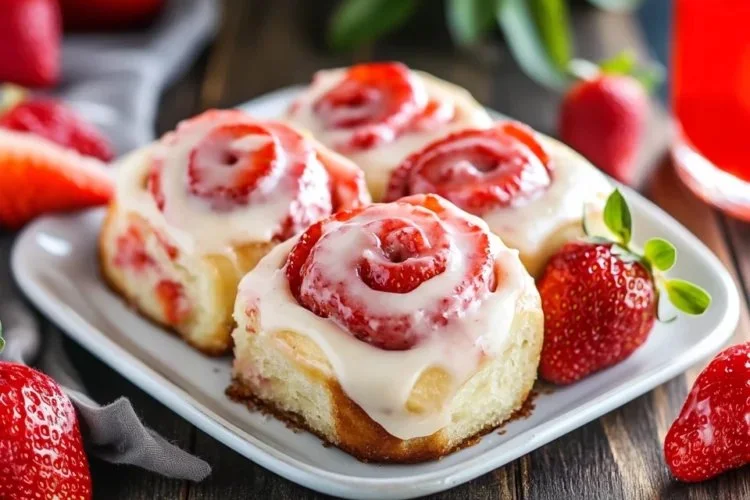 Freshly baked strawberry cheesecake cinnabon rolls with cream cheese frosting