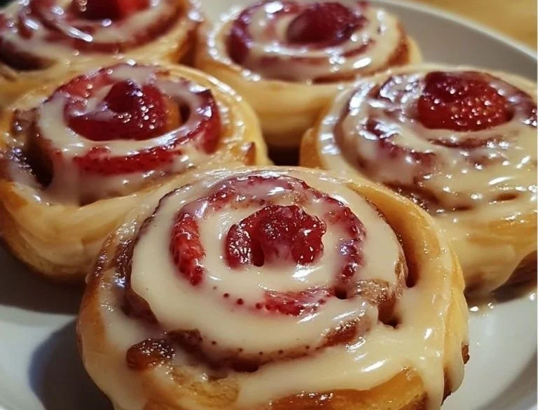 Freshly baked Strawberry Cheesecake Cinnabon Rolls on a rustic wooden table