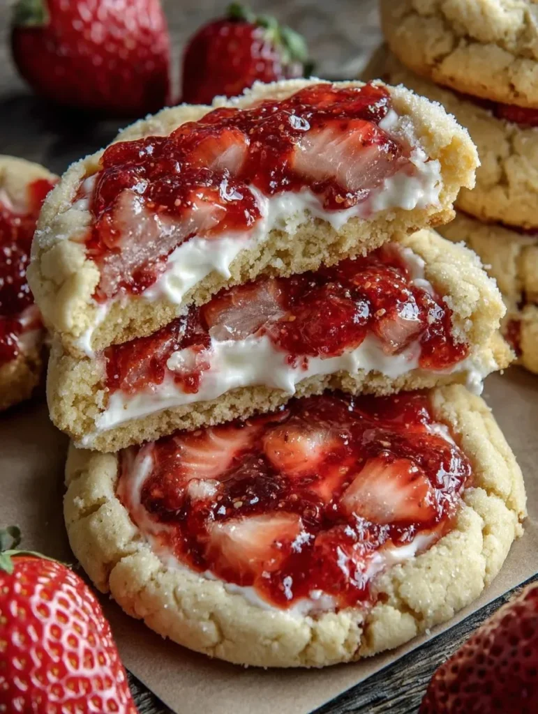 Delicious Strawberry Cheesecake Cookies on a plate with fresh strawberries