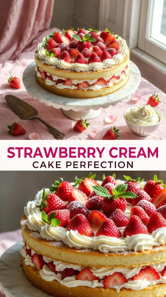 Delicious Strawberry Cream Cake topped with fresh strawberries and creamy frosting