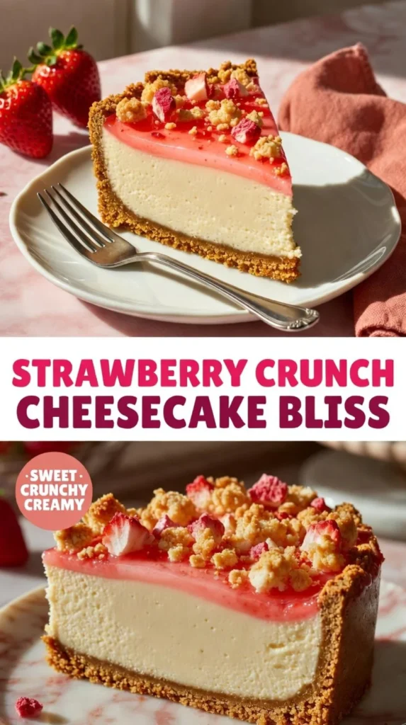 Slice of Strawberry Crunch Cheesecake topped with fresh strawberries and crunchy crumbs