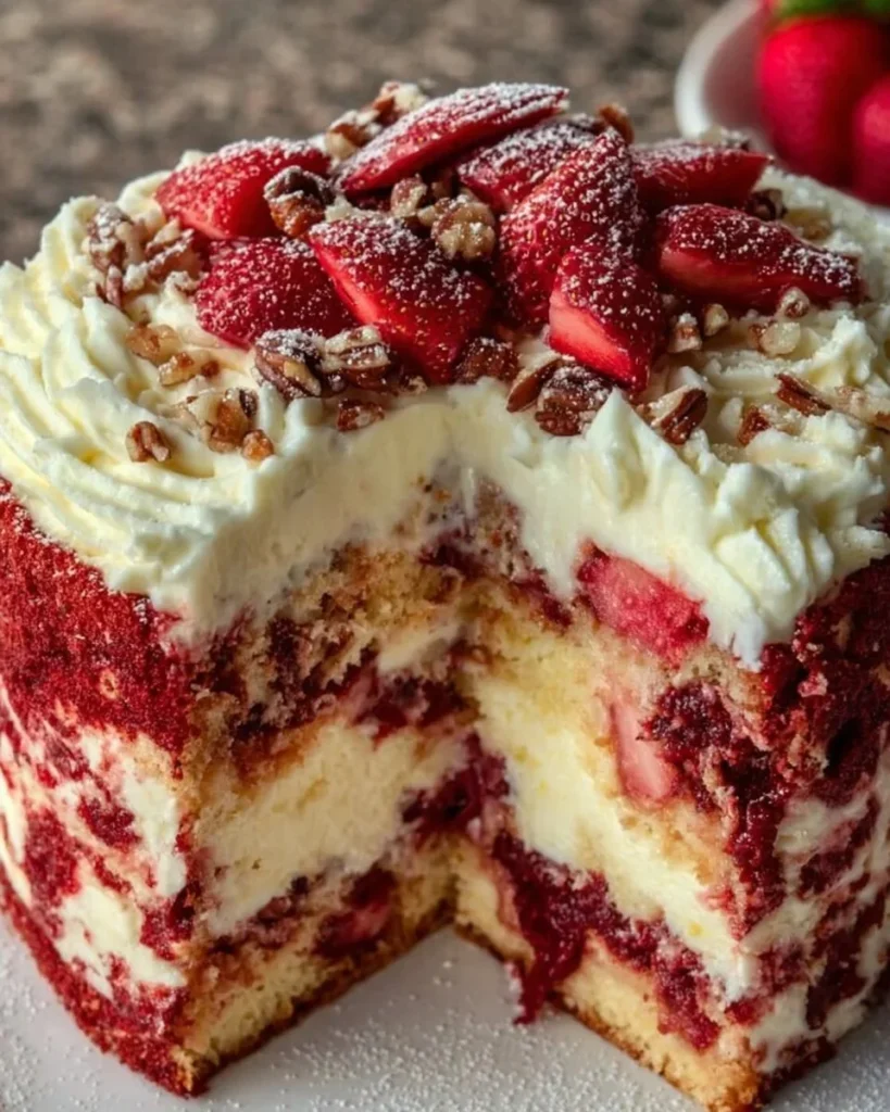 Delicious Strawberry Earthquake Cake topped with fresh strawberries and cream