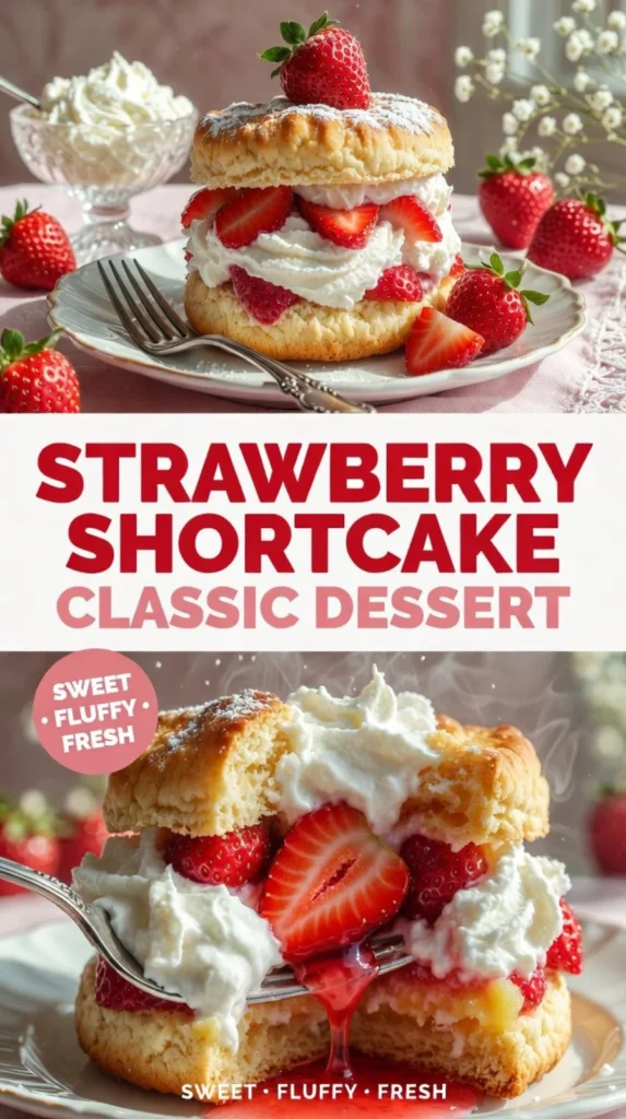 Delicious strawberry shortcake topped with fresh strawberries and whipped cream