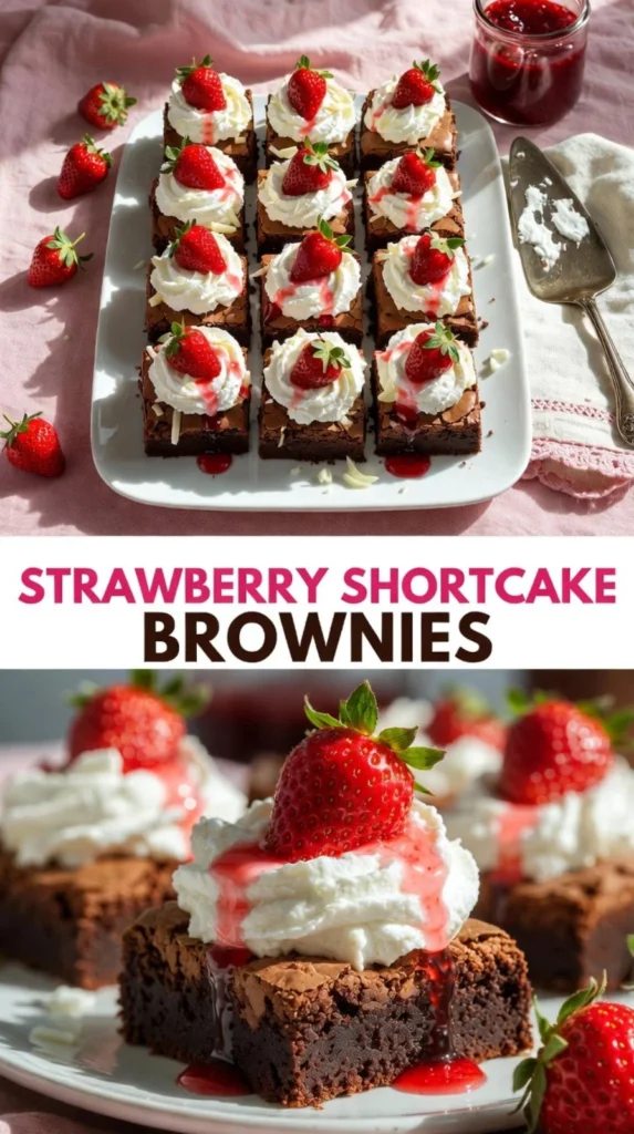 Delicious Strawberry Shortcake Brownies topped with fresh strawberries and cream