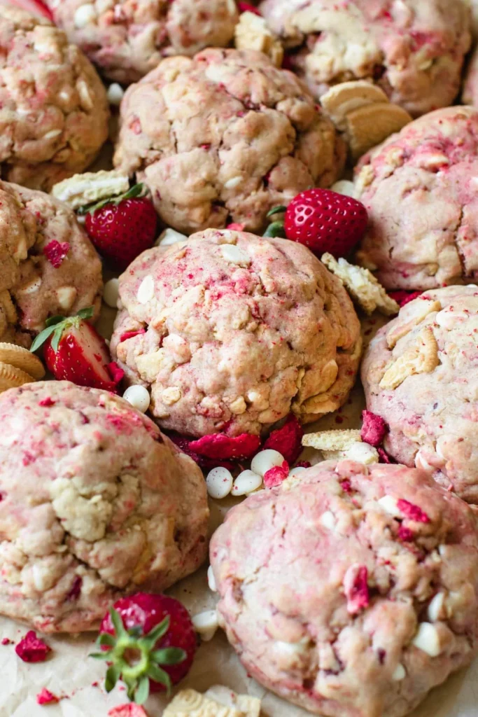 Delicious Strawberry Shortcake Cookies topped with fresh strawberries and whipped cream.