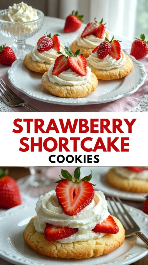 Delicious Strawberry Shortcake Cookies on a plate, garnished with fresh strawberries
