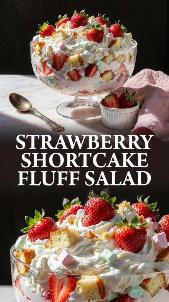 Strawberry Shortcake Fluff Salad served in a bowl with fresh strawberries and whipped cream