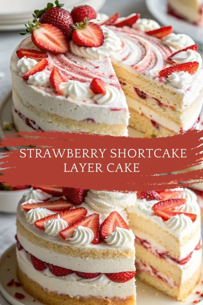 Strawberry shortcake layer cake with fresh strawberries and creamy frosting