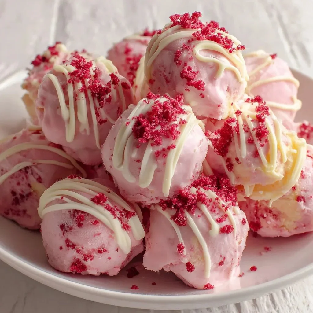 Delicious homemade Strawberry Shortcake Truffles arranged on a plate.