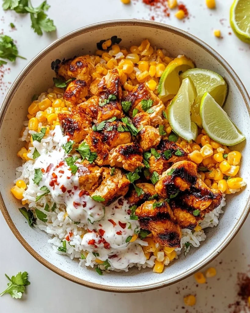 Delicious Street Corn Chicken Rice Bowl with grilled chicken and fresh corn