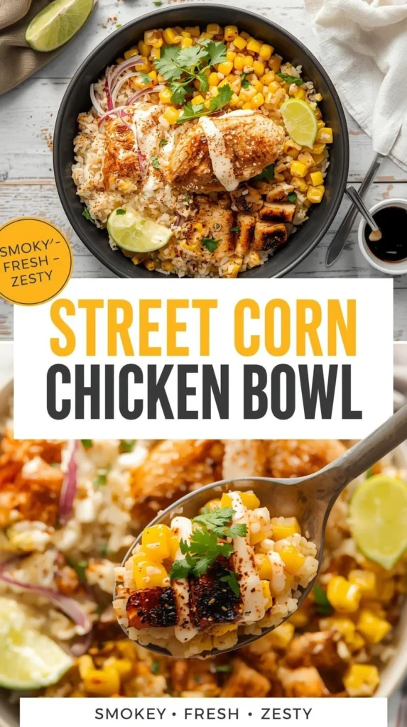 Street Corn Chicken Rice Bowl with vibrant toppings and rice.