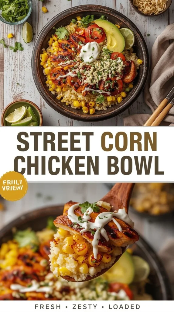 Street Corn Chicken Rice Bowl topped with fresh ingredients and vibrant flavors.