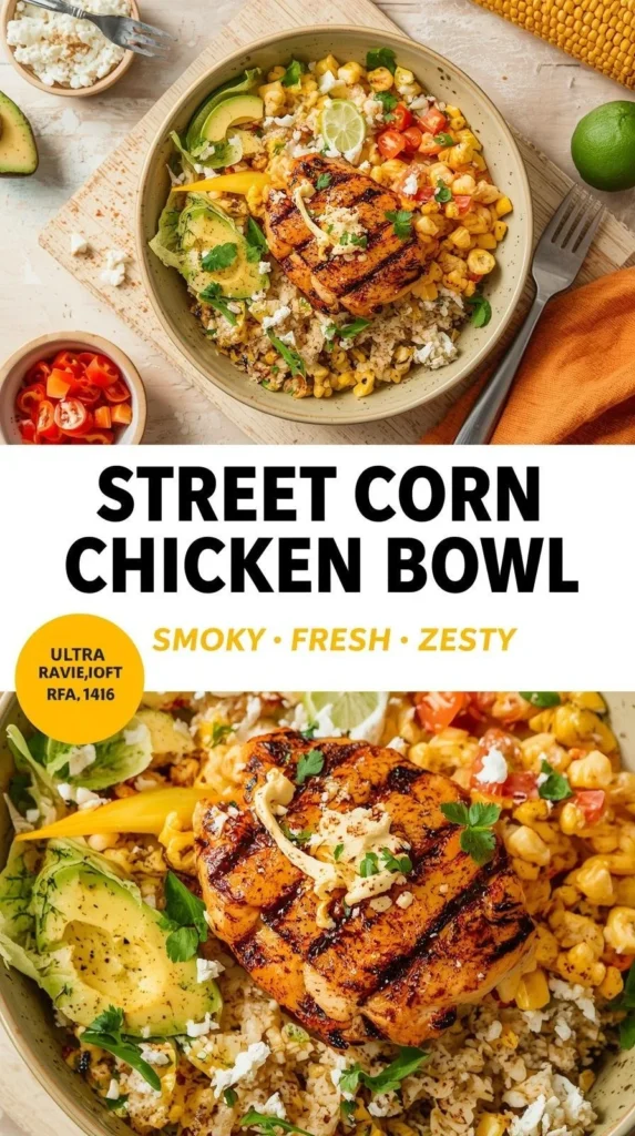 Delicious Street Corn Chicken Rice Bowl garnished with fresh ingredients
