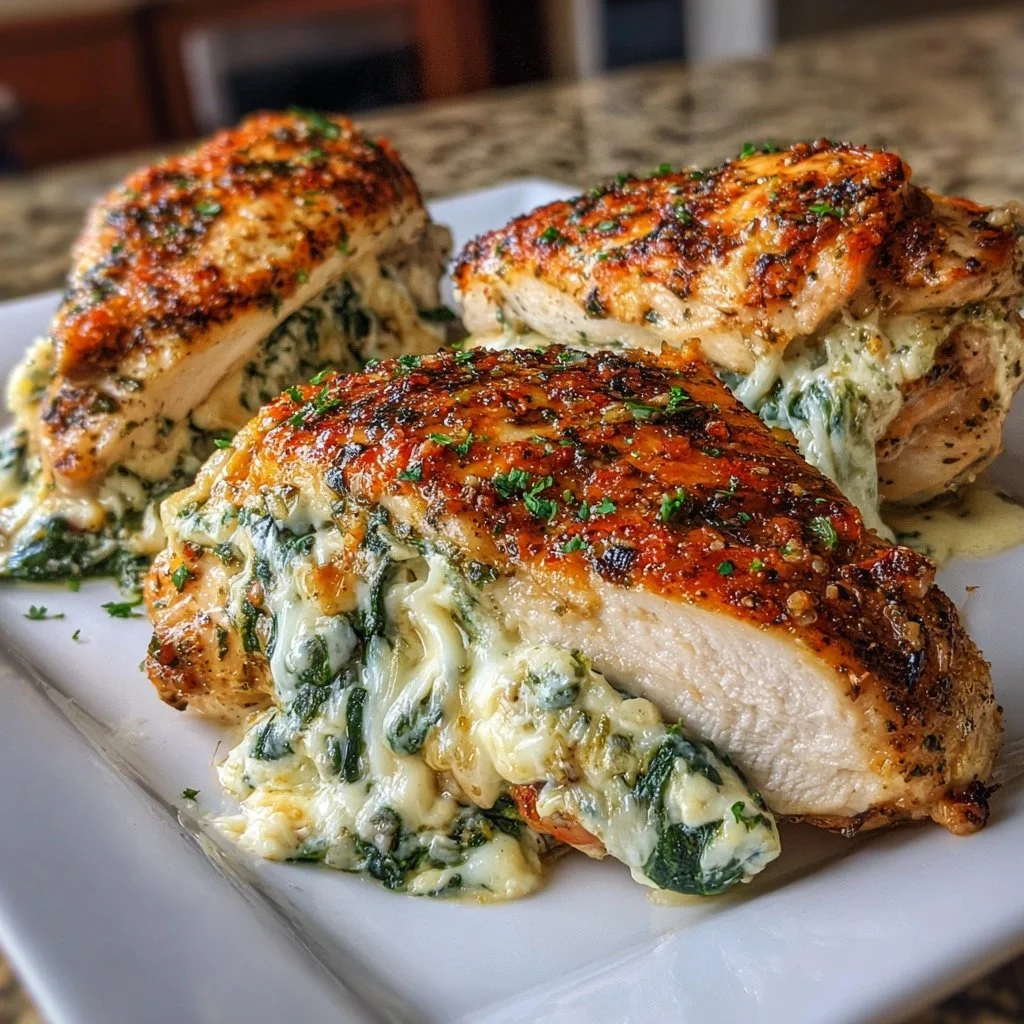 Delicious stuffed chicken dish ready to serve with herbs and side vegetables.