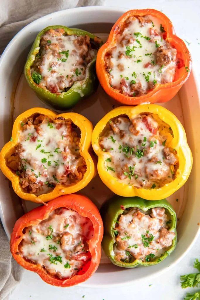 Colorful stuffed peppers filled with rice, meat, and vegetables on a plate.