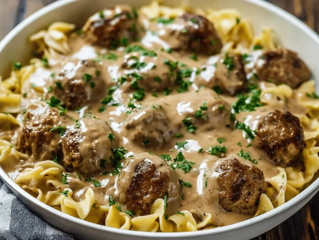 Baked Swedish Meatball Noodle Casserole topped with cheese and herbs