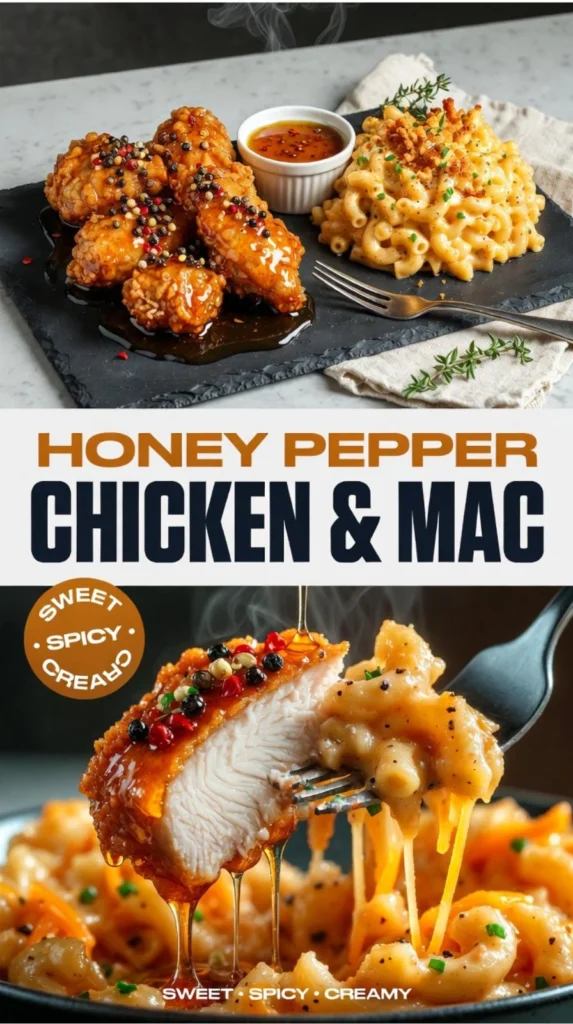 Sweet and spicy honey pepper chicken served with creamy macaroni cheese.