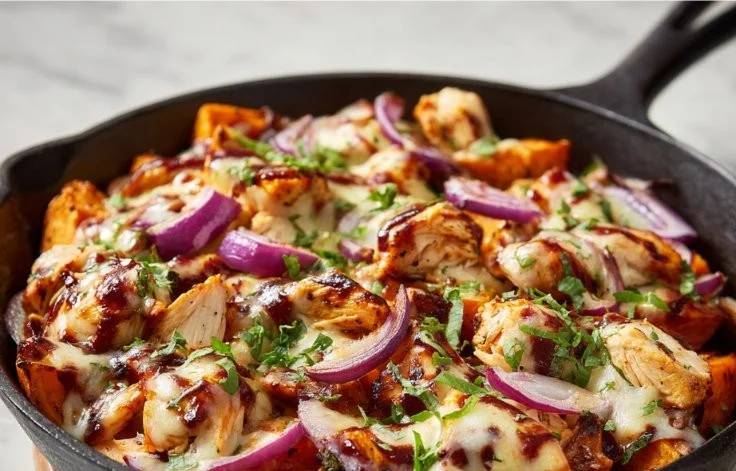 Sweet potato skillet topped with BBQ chicken and cheese for a tasty meal.