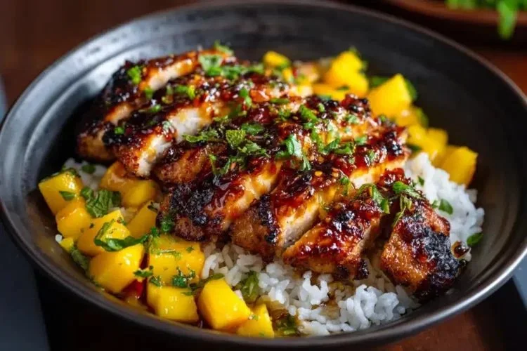 Mango glazed chicken twists with a sweet and savory Asian sauce