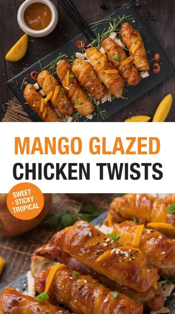 Asian-inspired mango glazed chicken dish with vibrant colors and textures