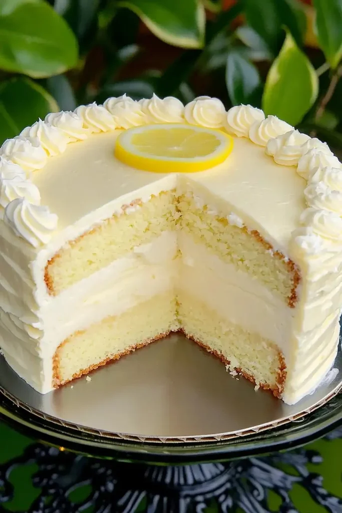 Tangy lemon cheesecake cake slices on a decorative plate