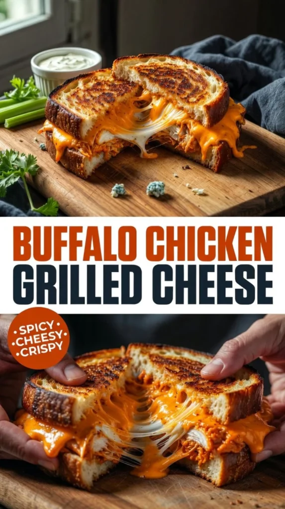 Delicious buffalo chicken grilled cheese sandwich with melted cheese and spicy sauce