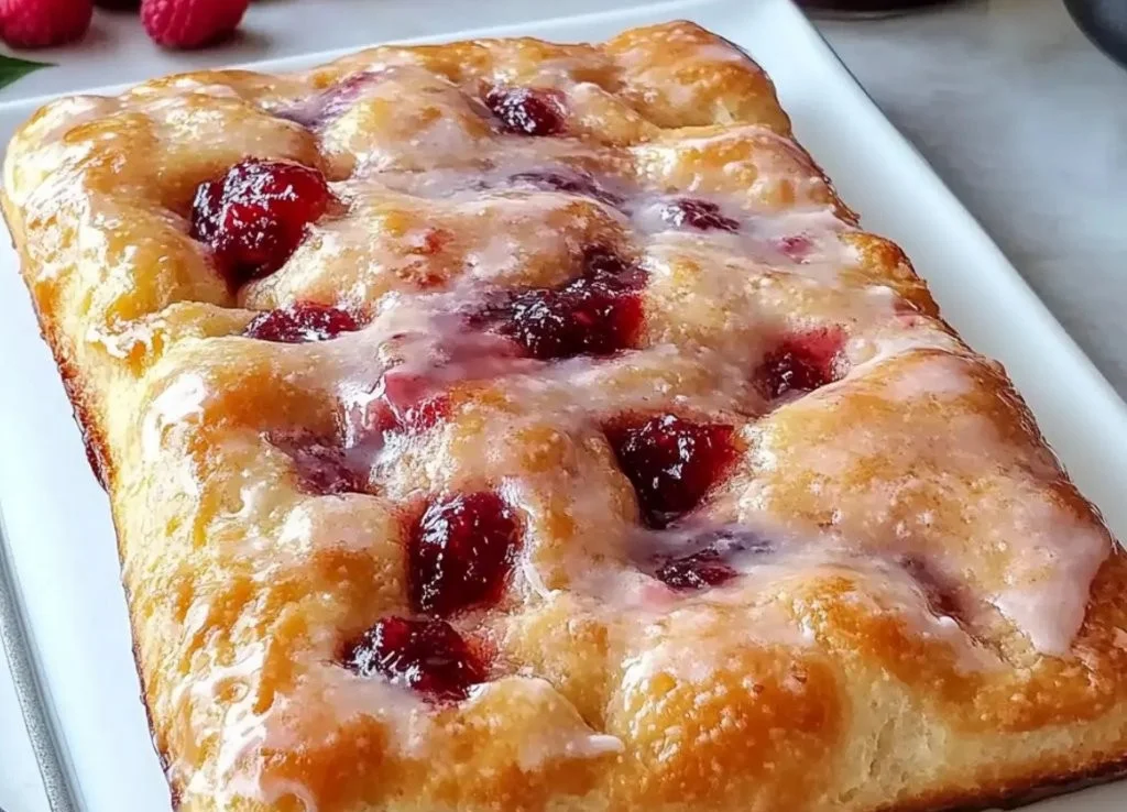 Homemade jam donut focaccia topped with sweet jam and powdered sugar