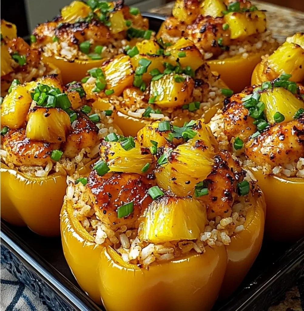 Teriyaki chicken stuffed peppers with pineapple and rice on a plate
