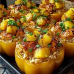Teriyaki chicken stuffed peppers with pineapple and rice on a plate