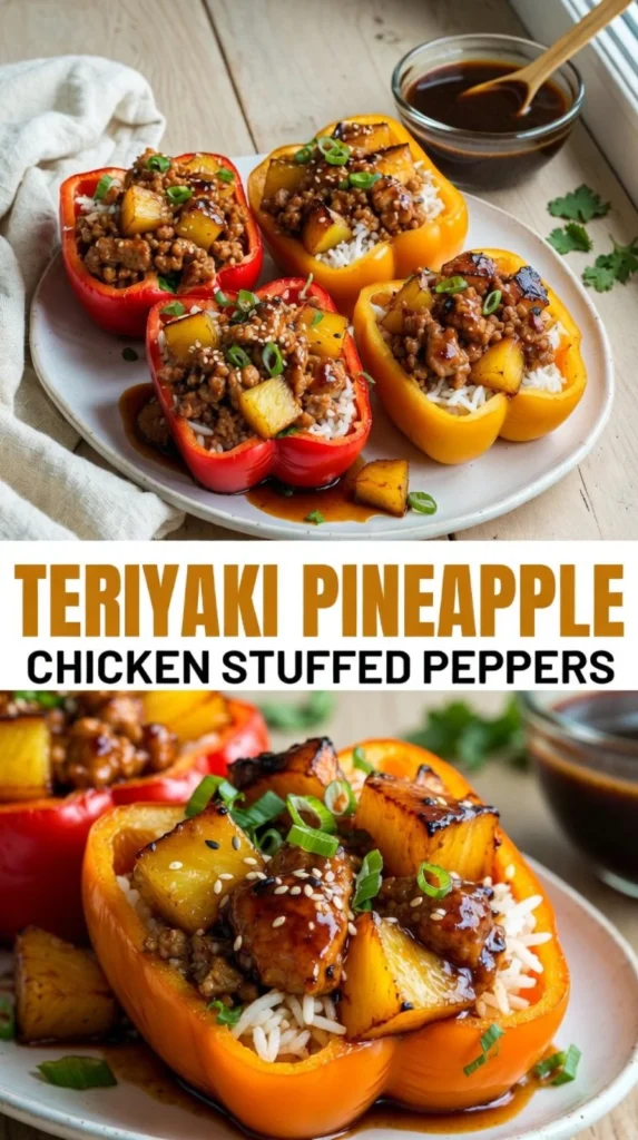 Teriyaki Pineapple Chicken stuffed peppers, garnished and ready to serve.