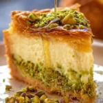 Delicious Baklava Pistachio Cheesecake topped with nuts and honey