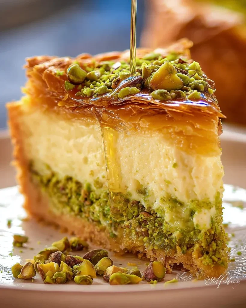 Delicious Baklava Pistachio Cheesecake topped with nuts and honey