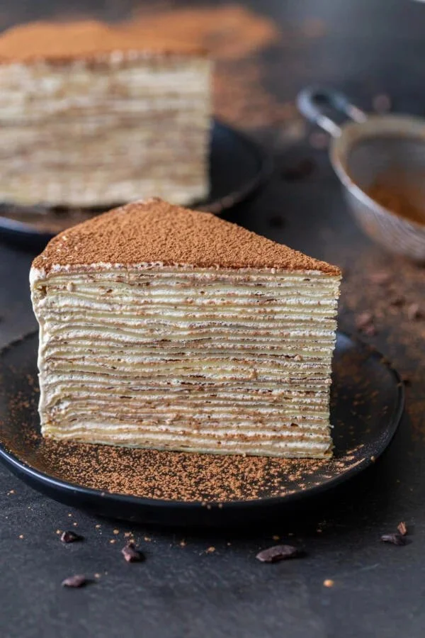 Delicious tiramisu crepe cake with layers and espresso flavor