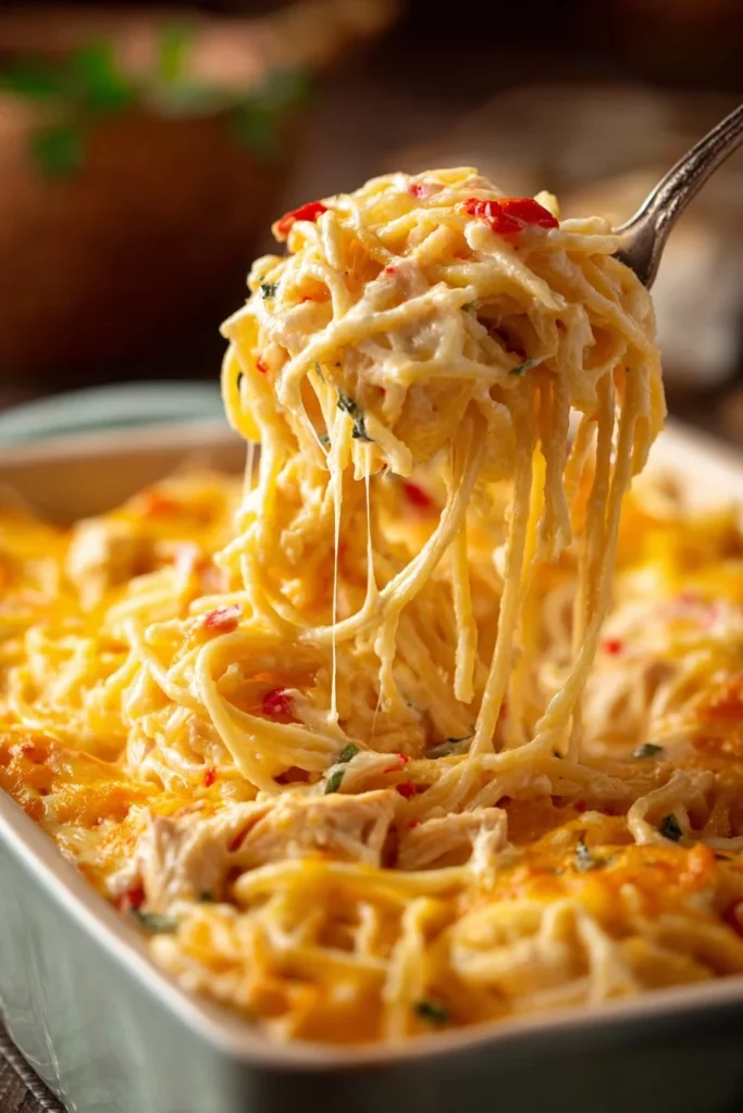 Delicious plate of chicken spaghetti topped with herbs and cheese