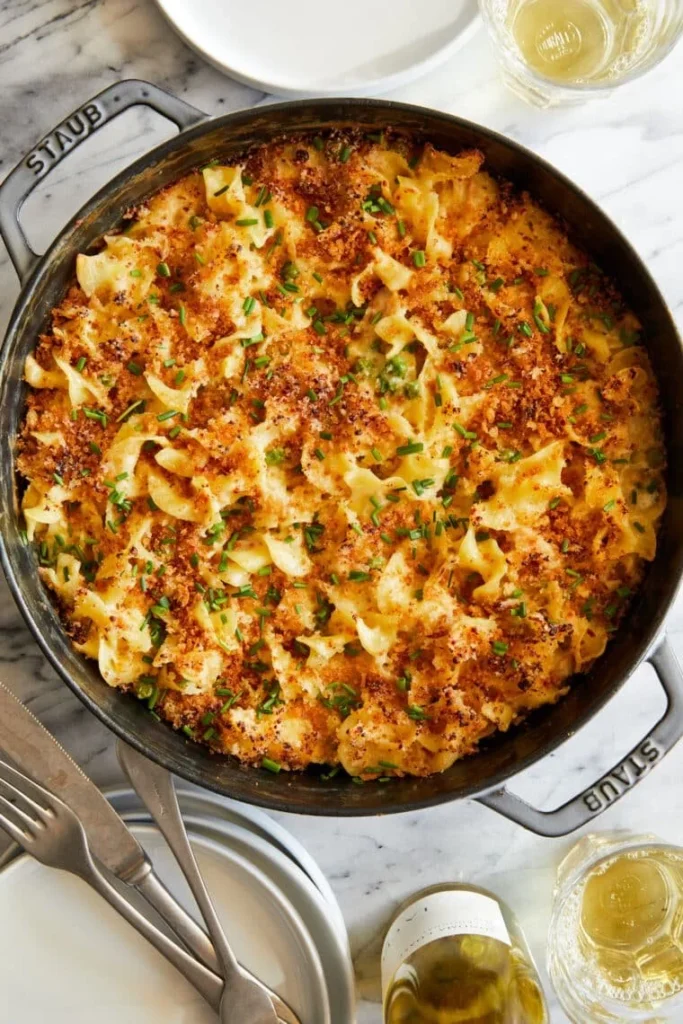 Delicious Tuna Noodle Casserole topped with crunchy breadcrumbs