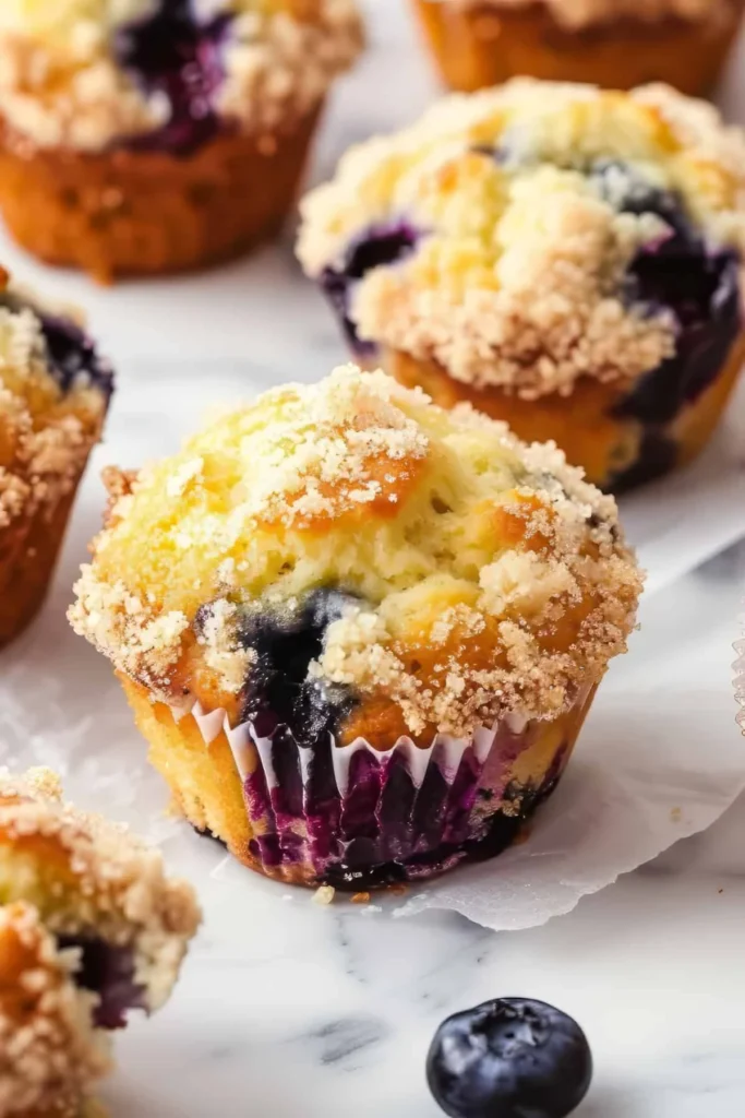 Plate of ultimate moist and flavorful blueberry muffins with fresh blueberries