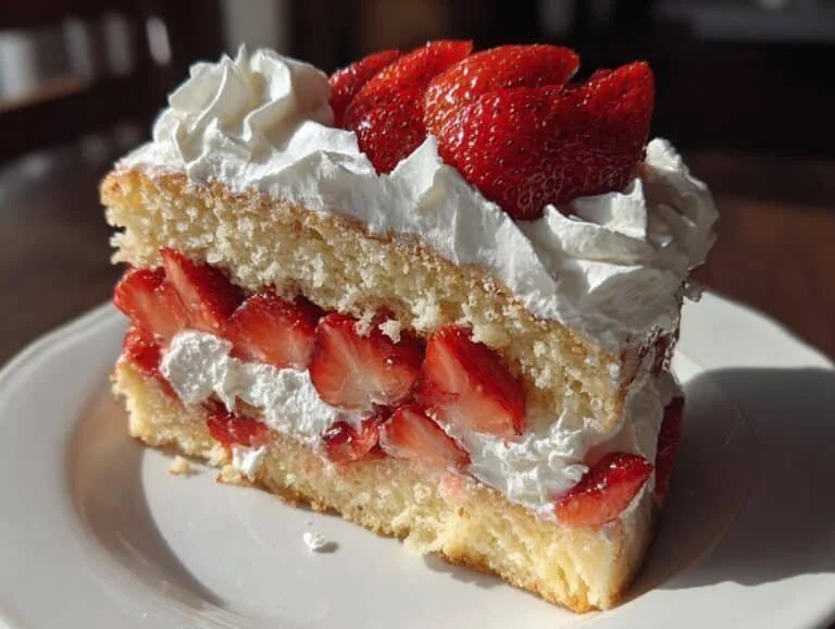 Delicious strawberry shortcake cake topped with fresh strawberries and whipped cream.