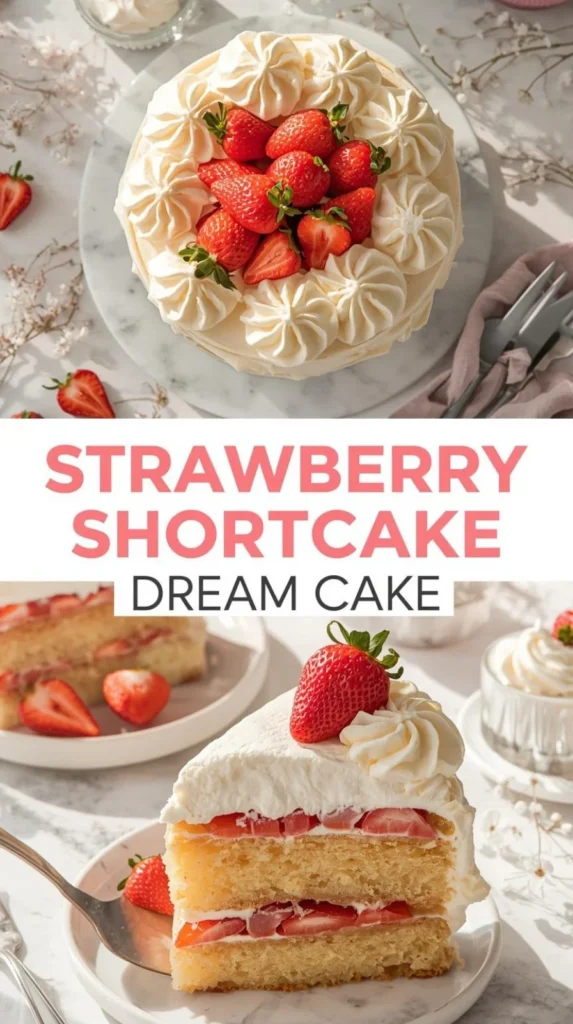 Slice of unforgettable strawberry shortcake with fresh strawberries and whipped cream