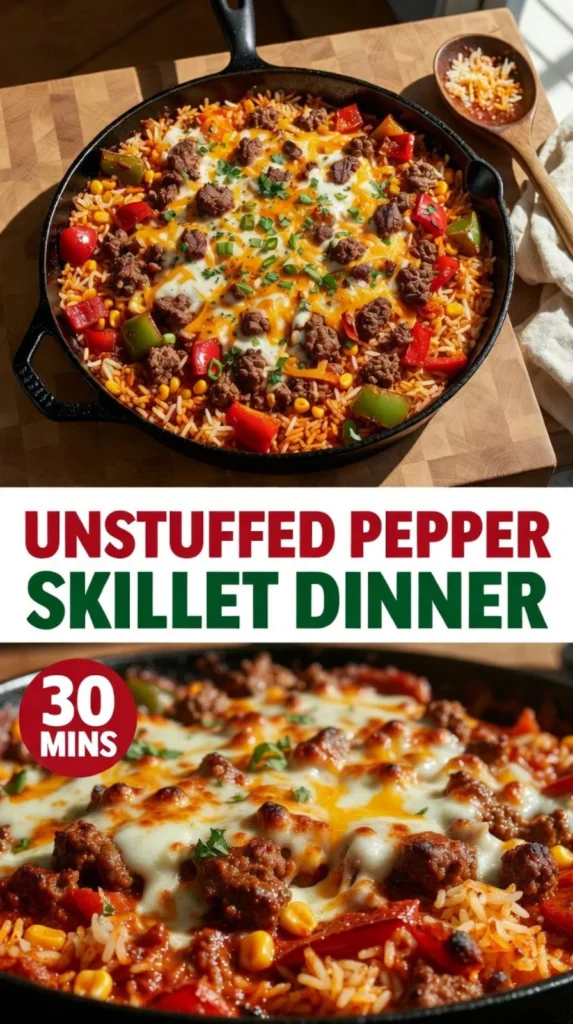 Delicious unstuffed pepper skillet with colorful peppers and ground beef