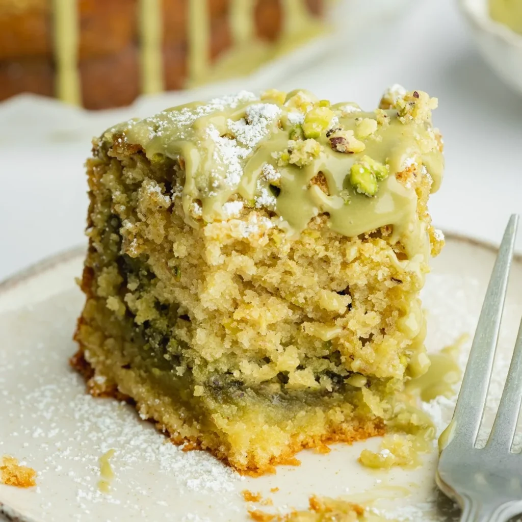 Vegan Pistachio Cake served with coffee and garnished with pistachios.