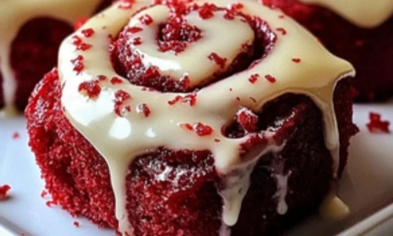 Fluffy and delicious Velvet Cinnamon Rolls topped with cream cheese icing.