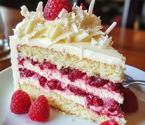 Slice of White Chocolate Raspberry Cake with fresh raspberries on top