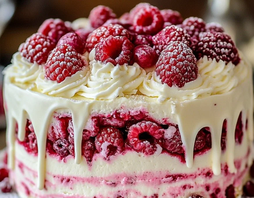 Delicious white chocolate raspberry cake topped with fresh raspberries.