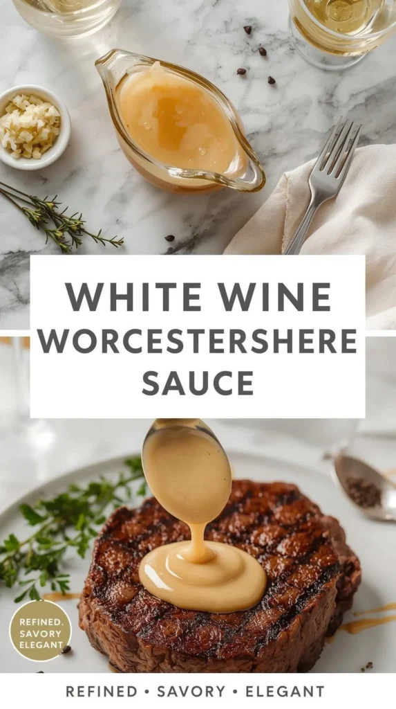 Bottle of white wine Worcestershire sauce on a kitchen counter