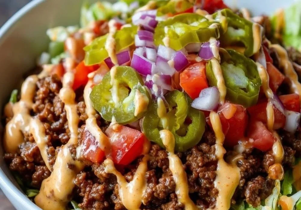 Delicious cheeseburger bowl with beef, cheese, and toppings ready to eat