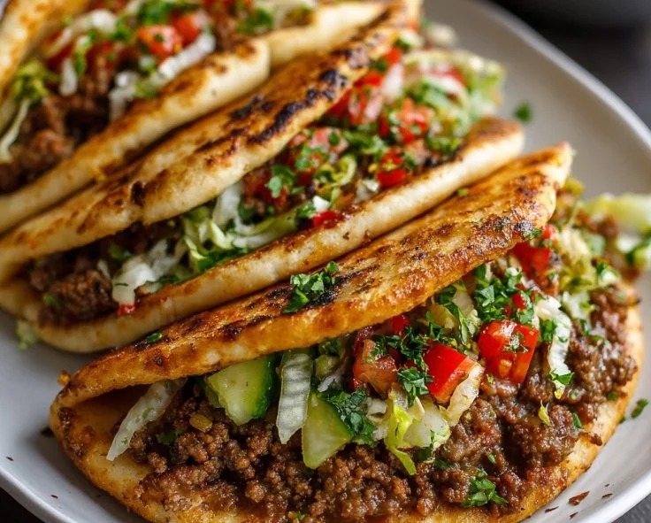 Mediterranean beef pita pockets filled with seasoned ground beef and fresh vegetables.