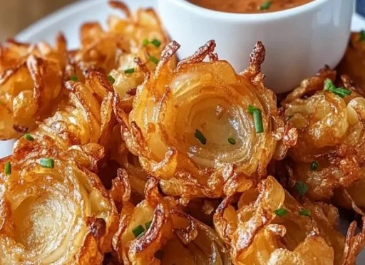Crispy air fryer mini blooming onions served on a plate.