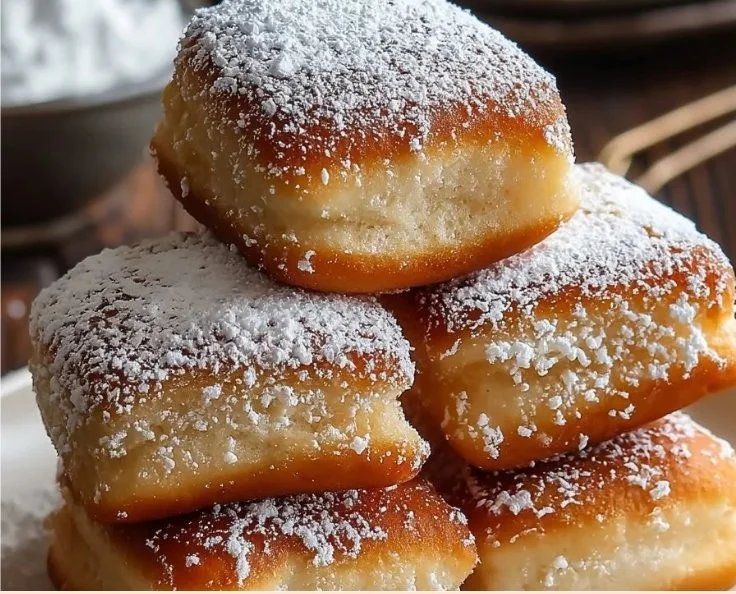 Delicious vanilla beignets dusted with powdered sugar on a plate